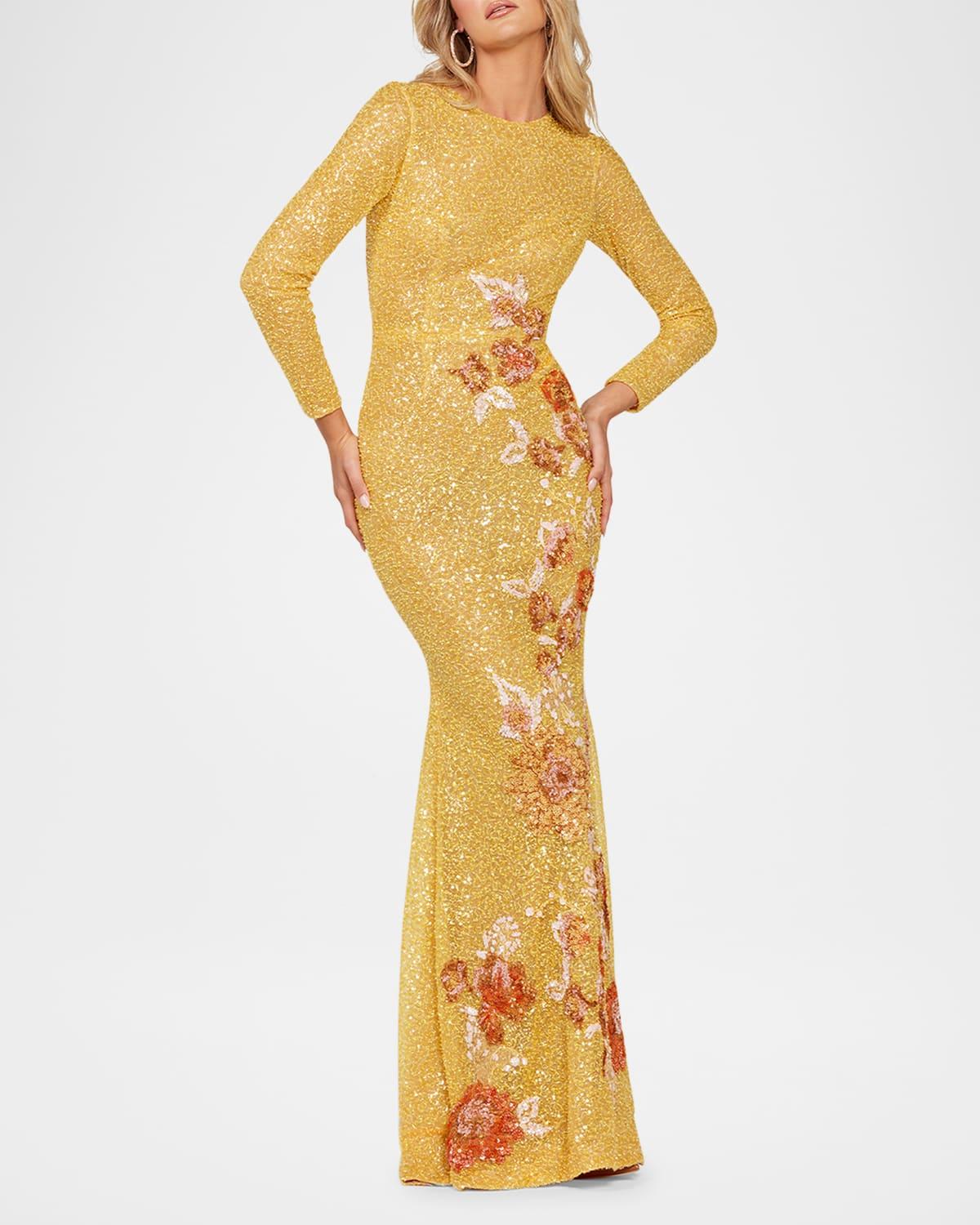 shalom sequin floral applique column gown