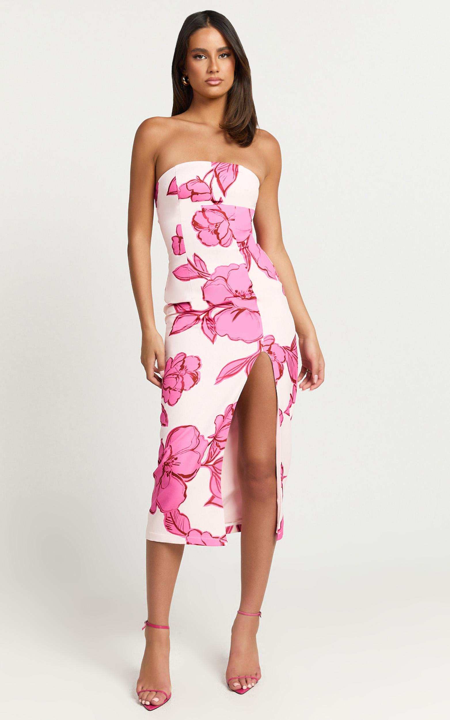 shantelle midi dress - strapless bodycon back split dress in bouquet di fiori print