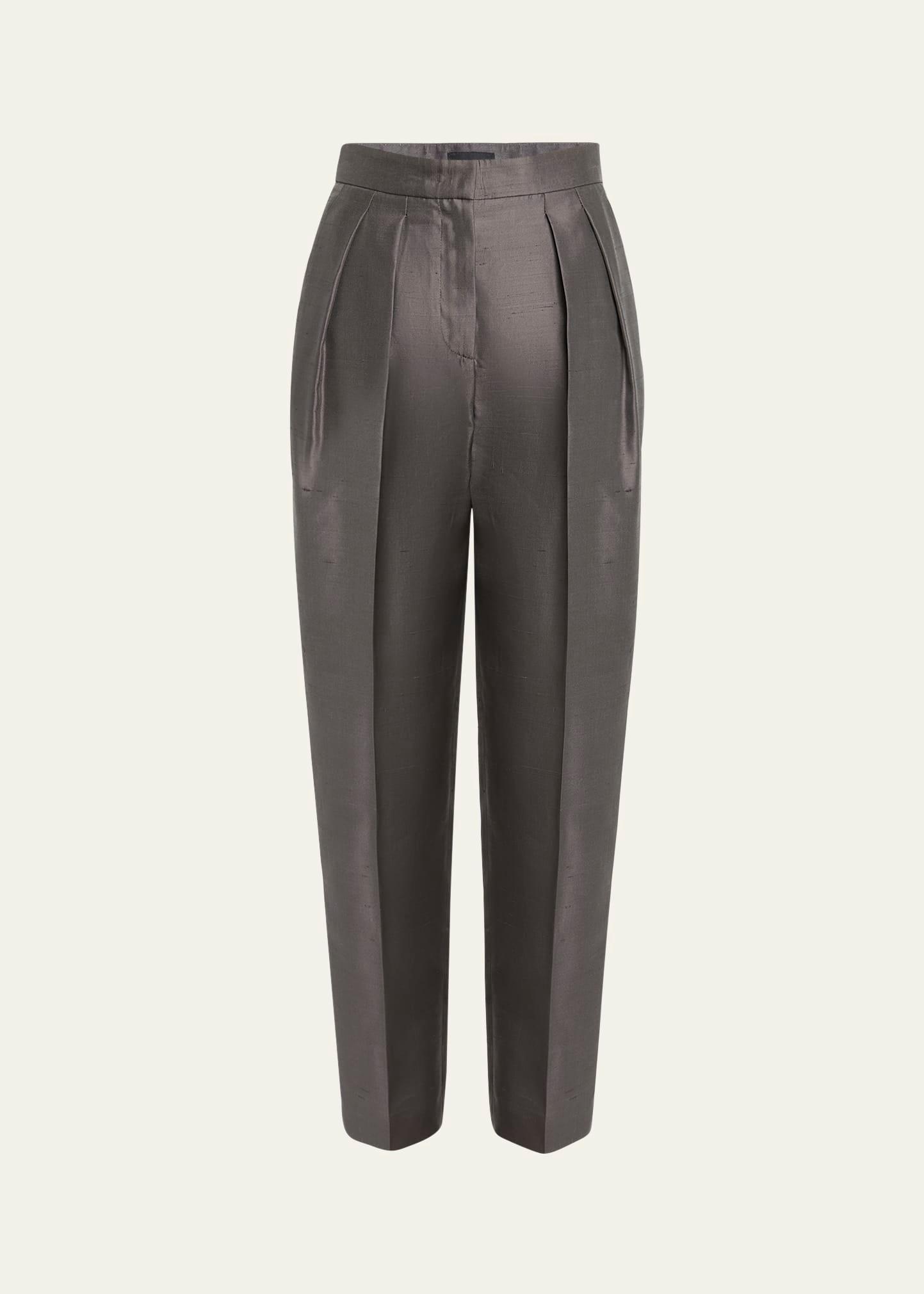 shantung silk pleated straight-leg trousers