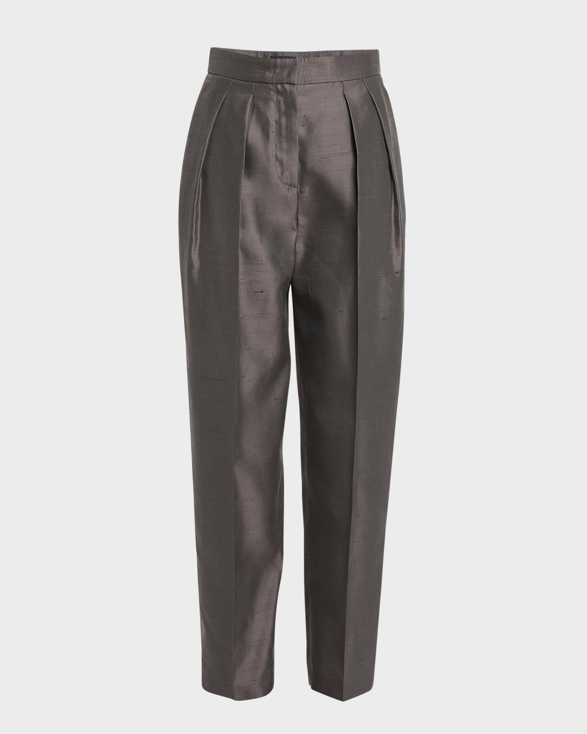 shantung silk pleated straight-leg trousers
