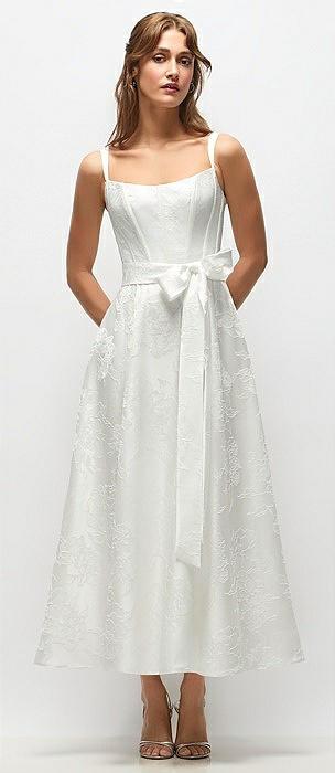 shaped strap boned corset embossed floral jacquard bride dress with full midi skirt & sash