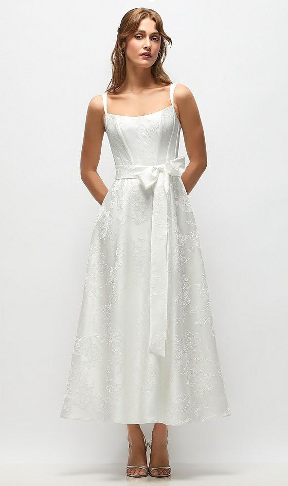 shaped strap boned corset embossed floral jacquard bride dress with full midi skirt & sash