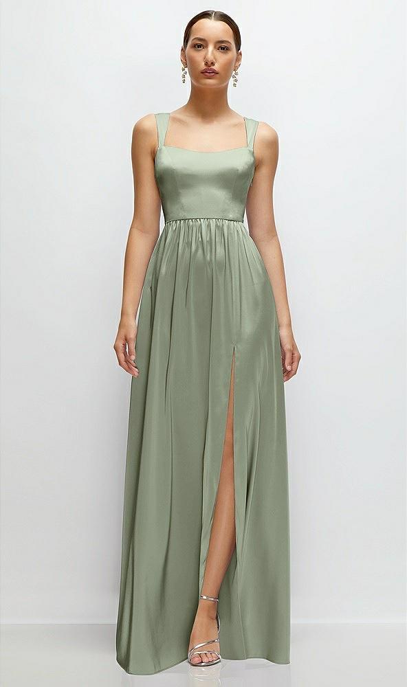 shaped strap portrait neckline fluid satin maxi dress with full skirt