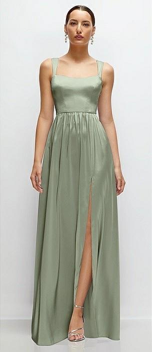 shaped strap portrait neckline fluid satin maxi dress with full skirt