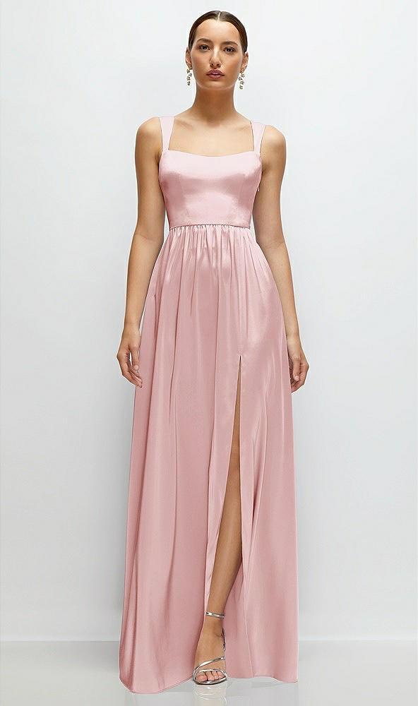 shaped strap portrait neckline fluid satin maxi dress with full skirt