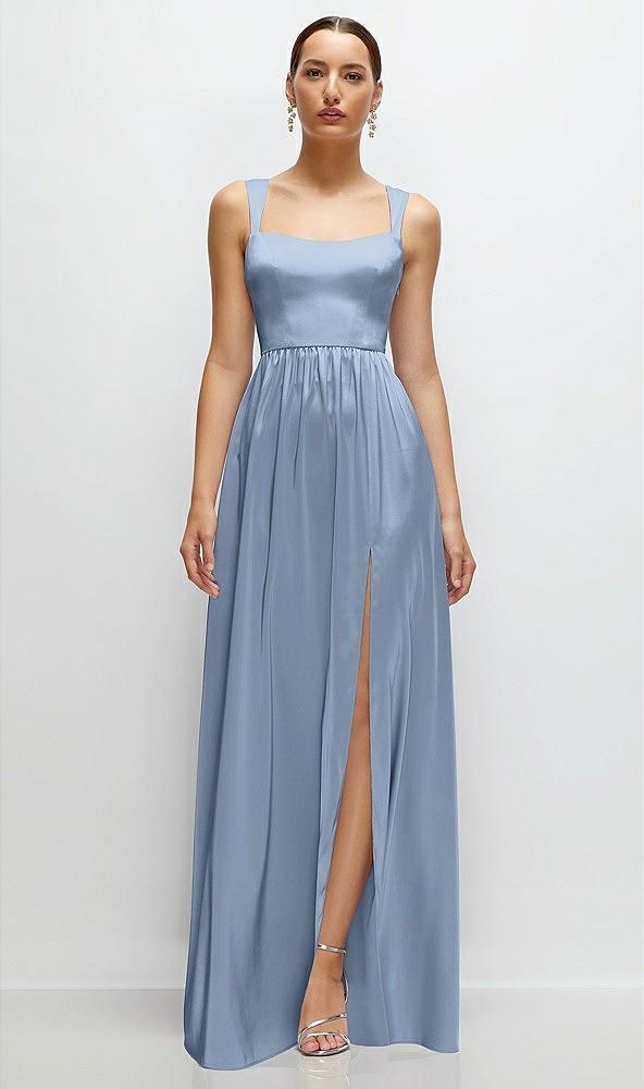 shaped strap portrait neckline fluid satin maxi dress with full skirt