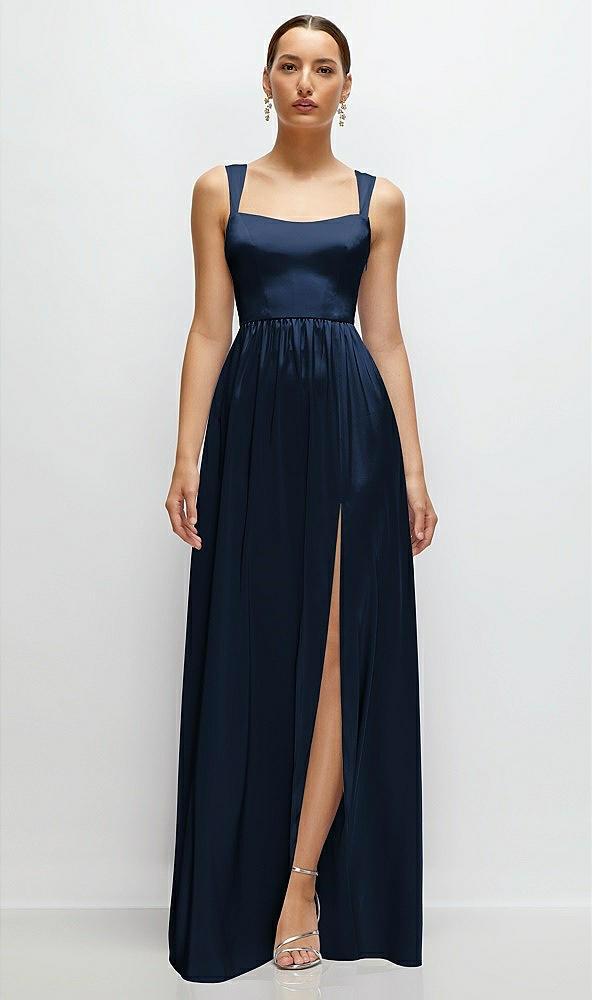 shaped strap portrait neckline fluid satin maxi dress with full skirt