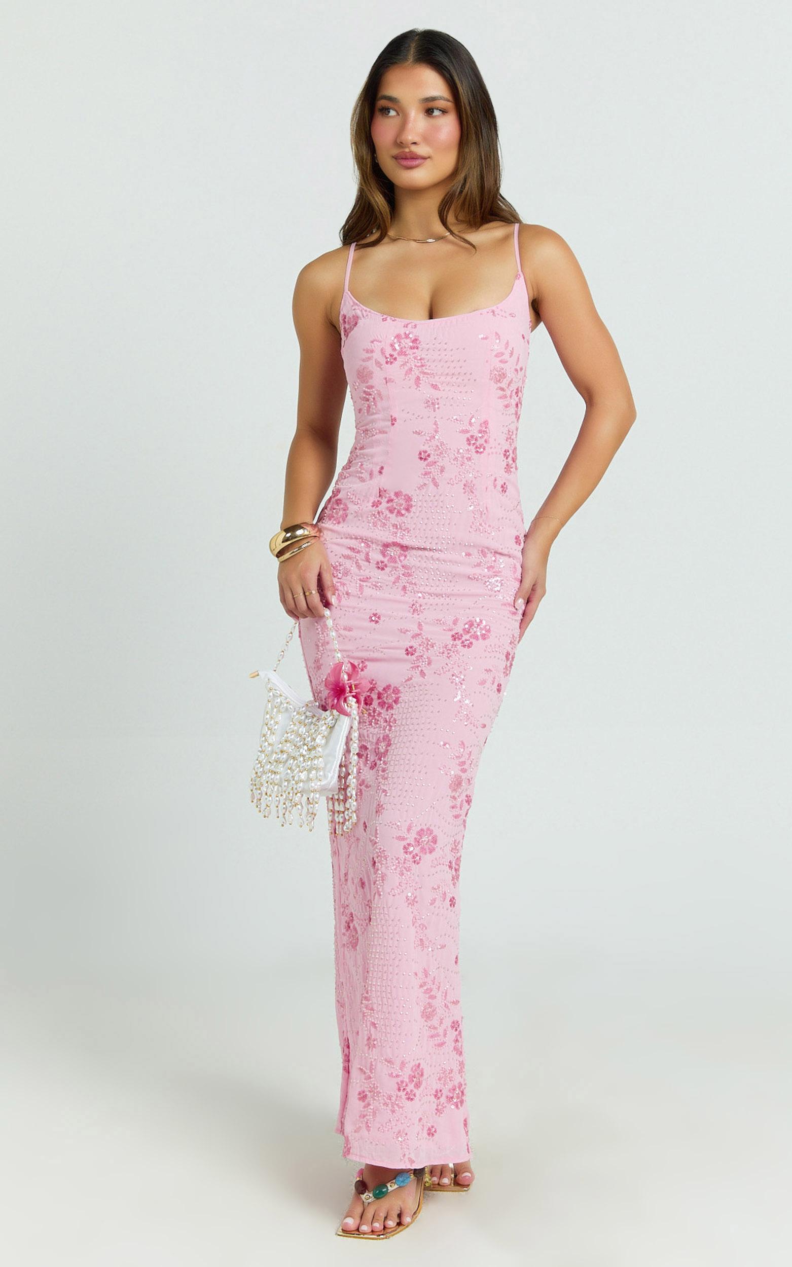 shari maxi dress - strappy scoop neck column fitted sequin mesh dress in pink