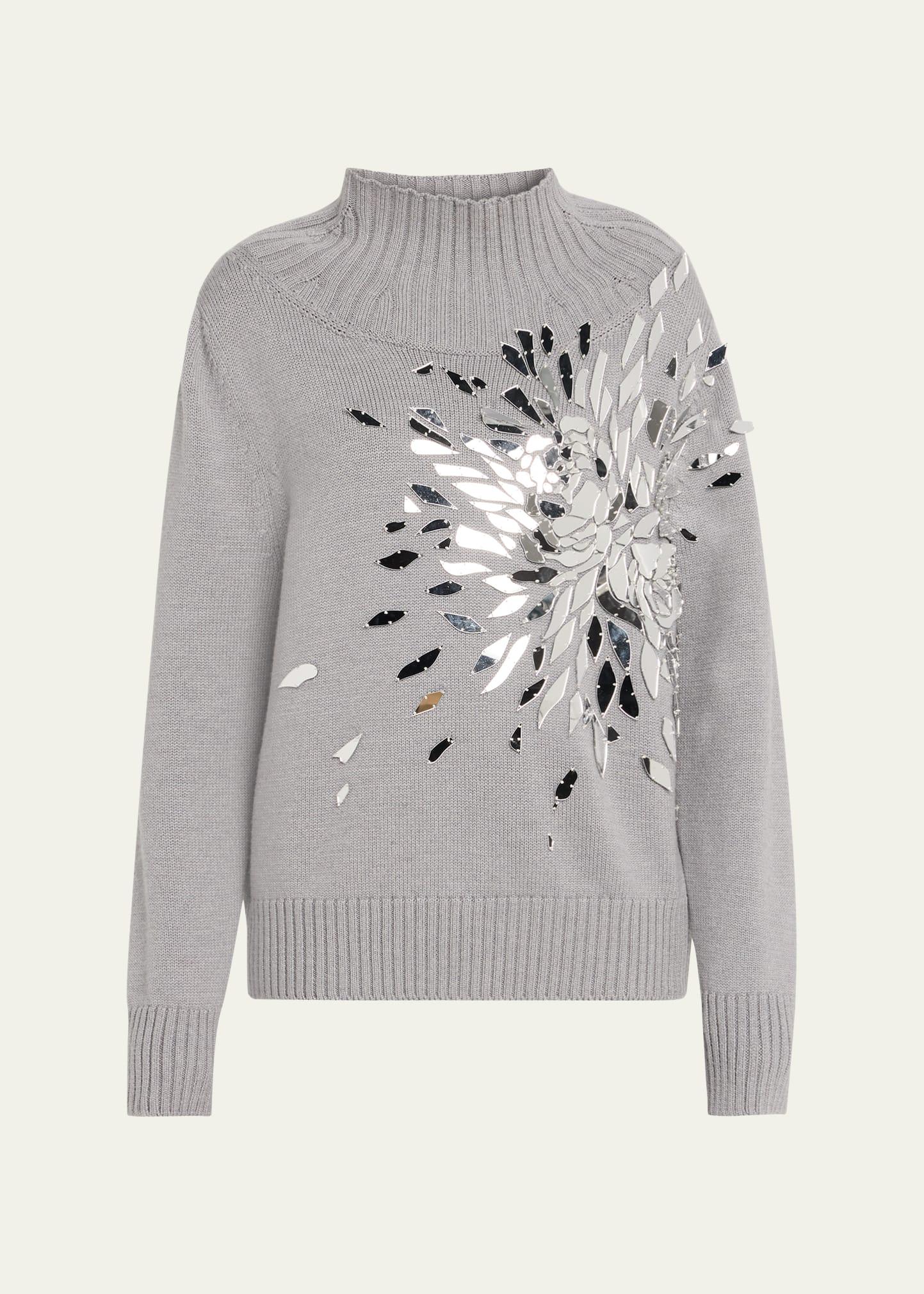 shattered glass embroidered mockneck sweater