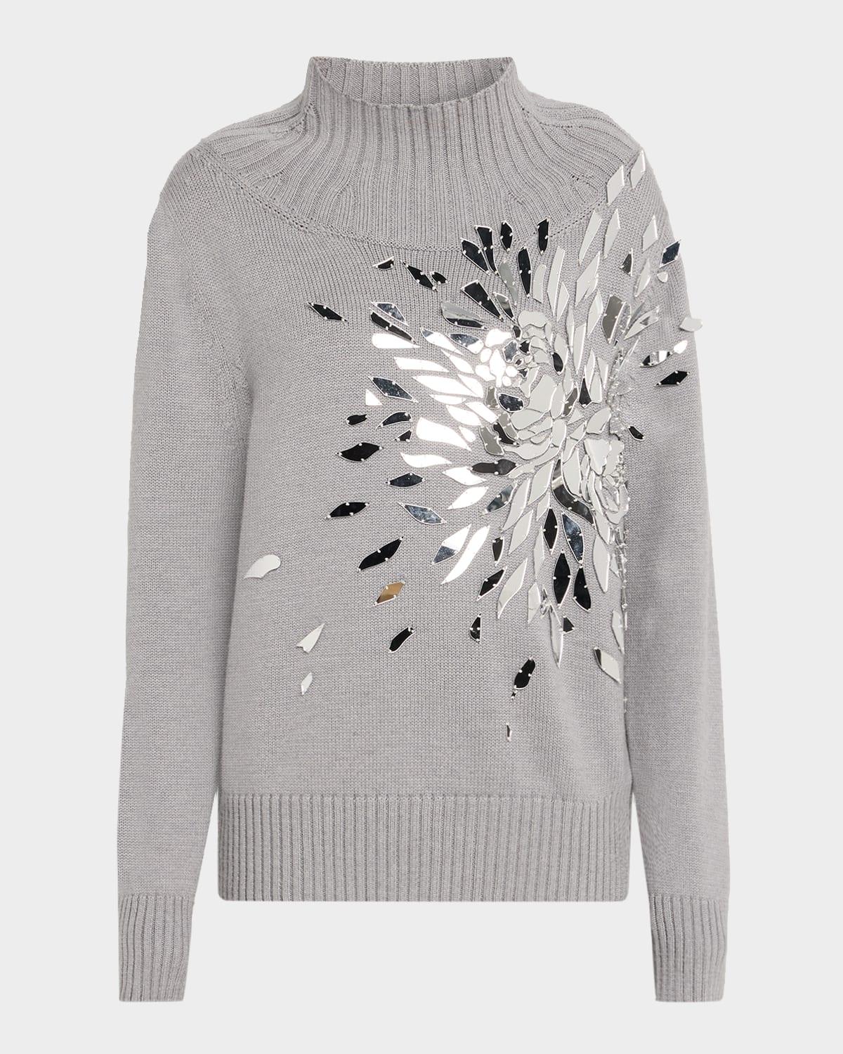 shattered glass embroidered mockneck sweater