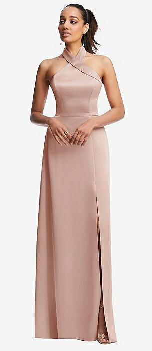 shawl collar open-back halter maxi dress with pockets