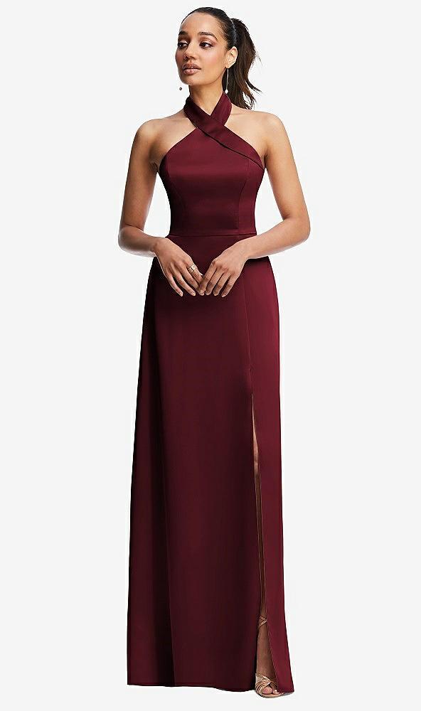 shawl collar open-back halter maxi dress with pockets
