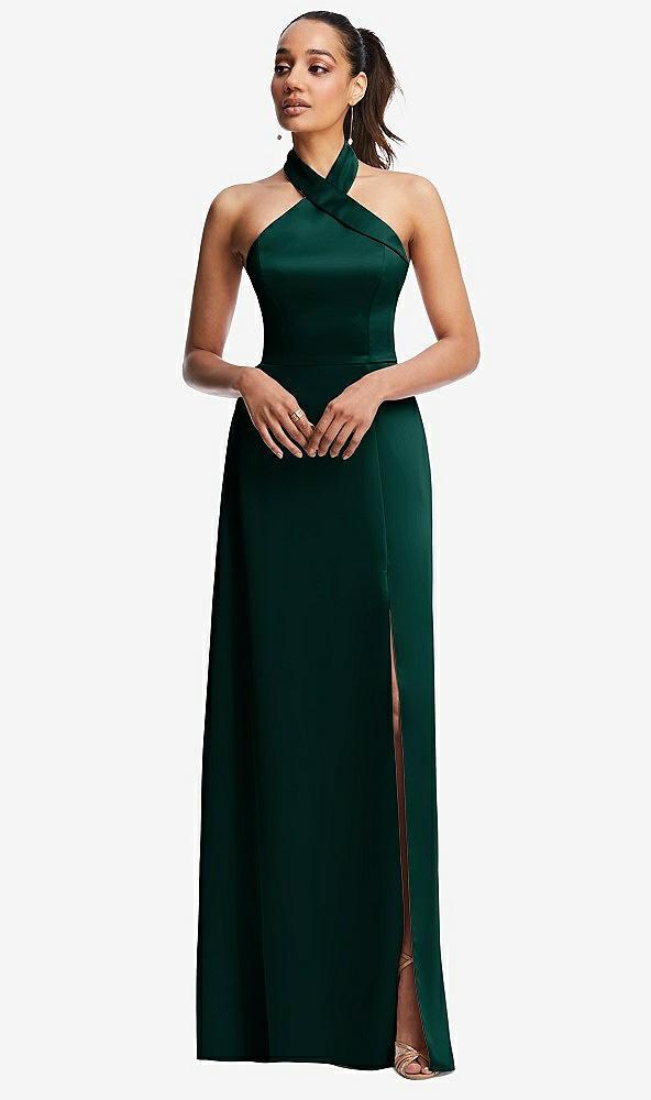 shawl collar open-back halter maxi dress with pockets