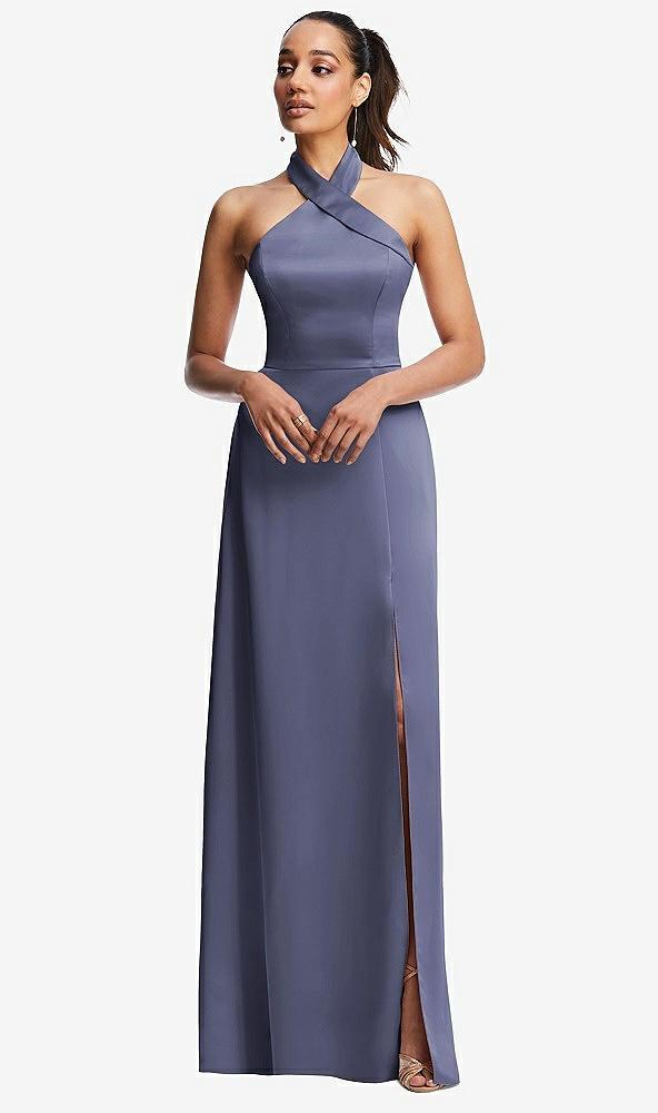 shawl collar open-back halter maxi dress with pockets