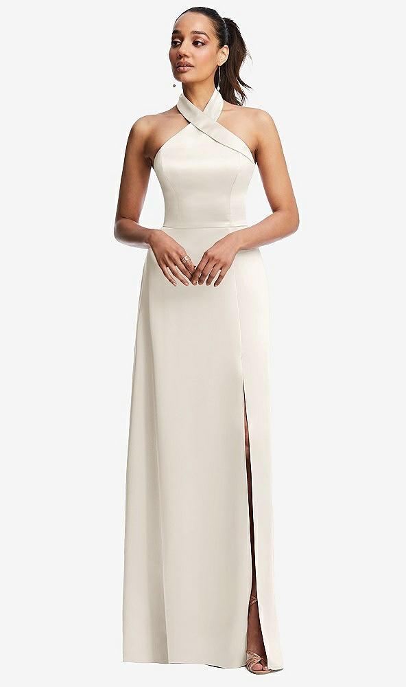 shawl collar open-back halter maxi dress with pockets