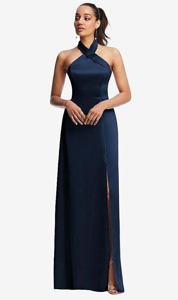 shawl collar open-back halter maxi dress with pockets