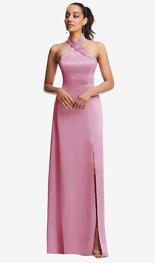 shawl collar open-back halter maxi dress with pockets