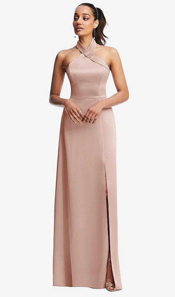 shawl collar open-back halter maxi dress with pockets