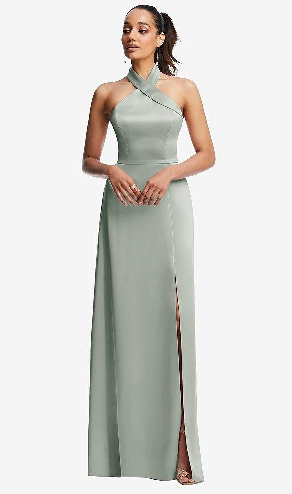 shawl collar open-back halter maxi dress with pockets