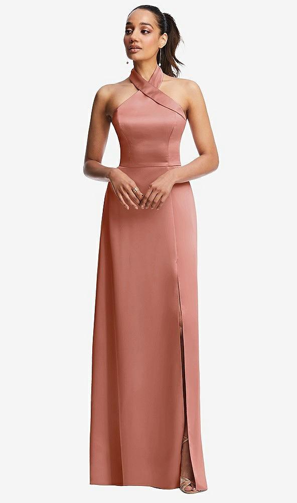 shawl collar open-back halter maxi dress with pockets