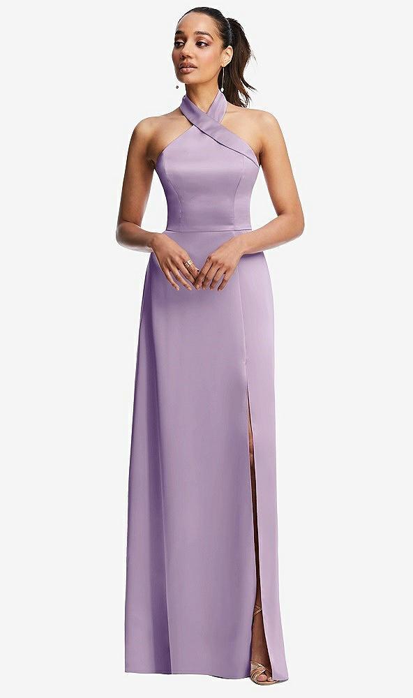 shawl collar open-back halter maxi dress with pockets