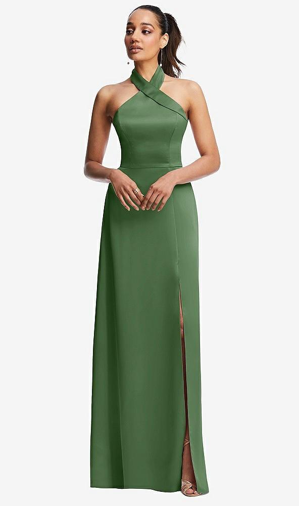 shawl collar open-back halter maxi dress with pockets