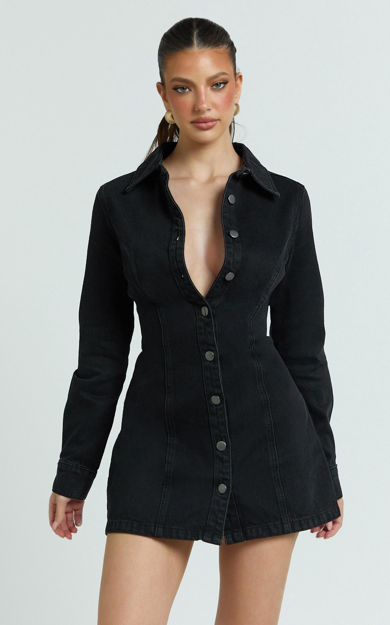 shawn mini dress - long sleeve button down denim shirt dress in black