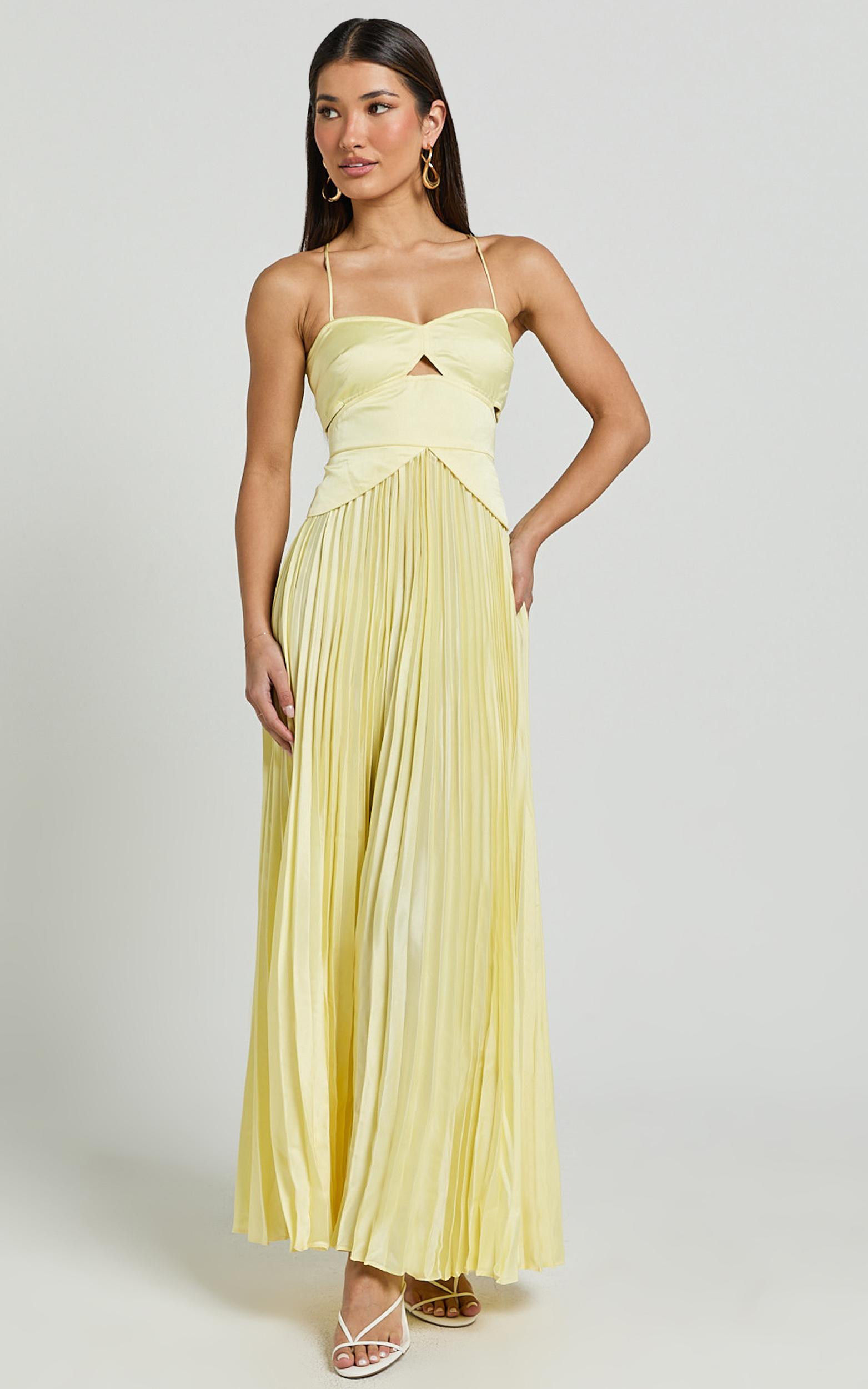 shay maxi dress - sweetheart cut out pleated dress in lemon