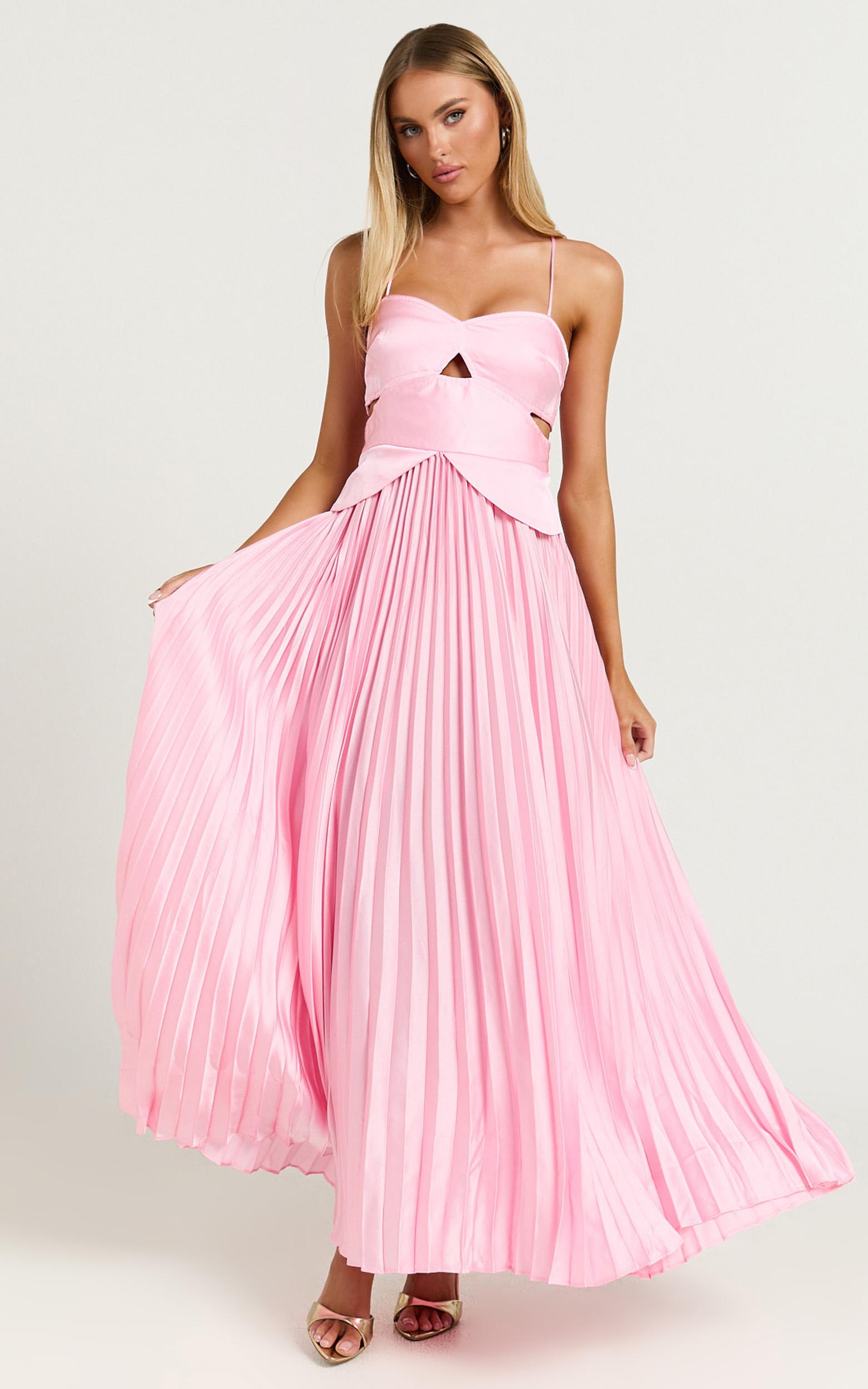 shay maxi dress - sweetheart cut out pleated dress in pink