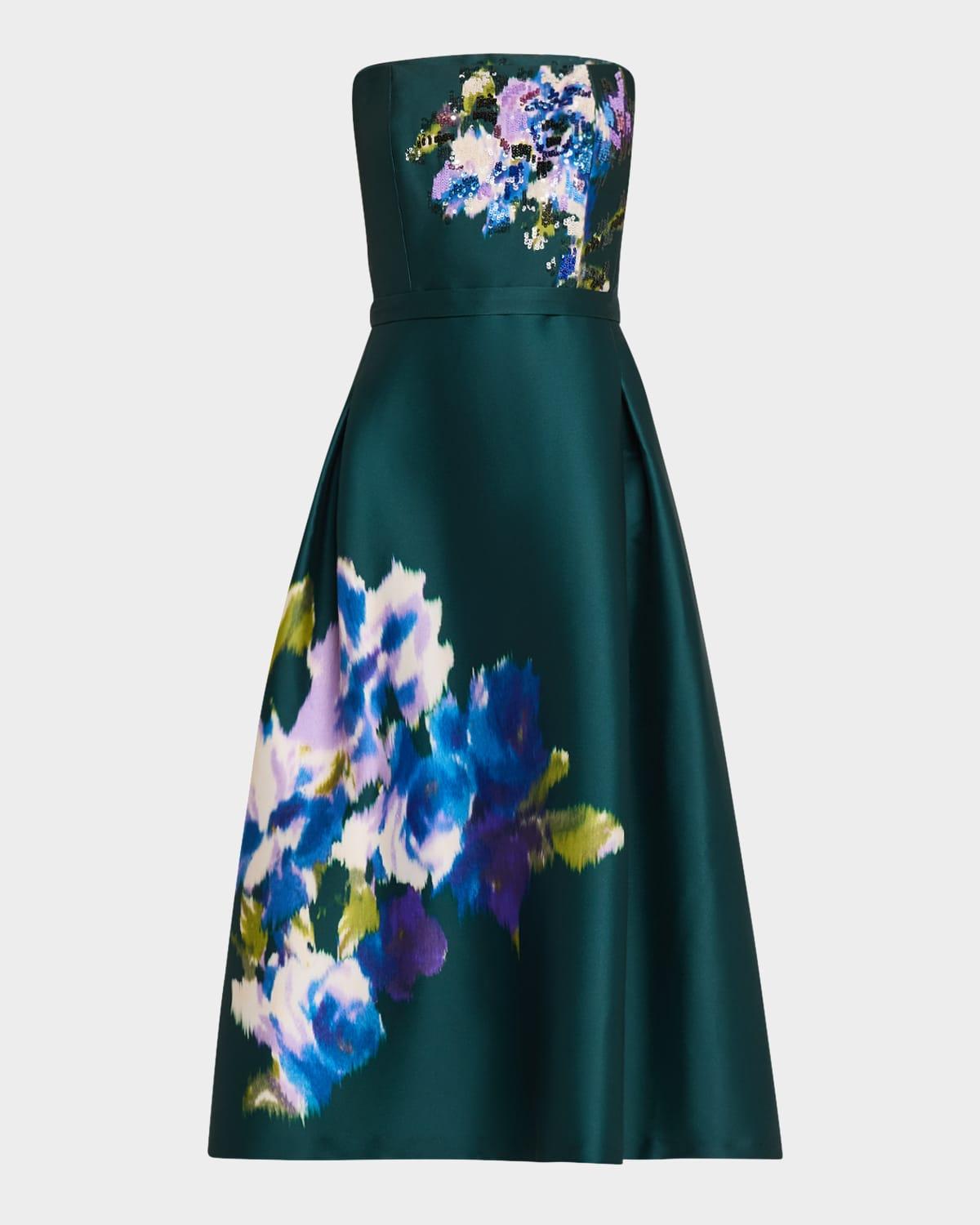 shay pleated strapless floral-print midi dress