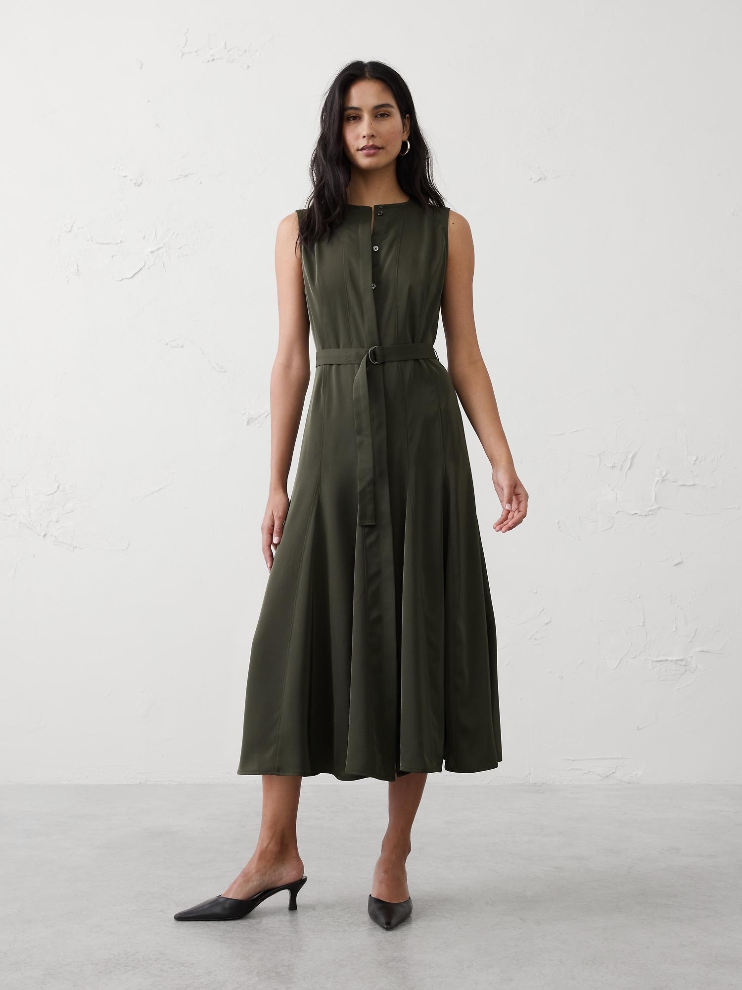 sheen twill godet midi dress