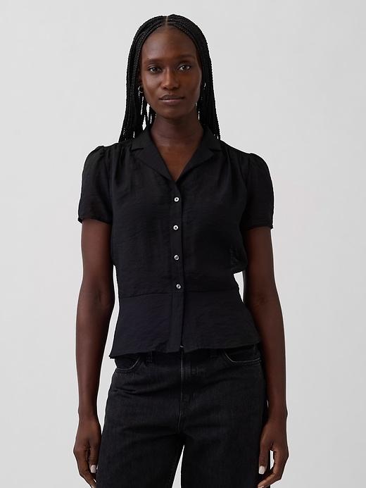 sheer button-front peplum top