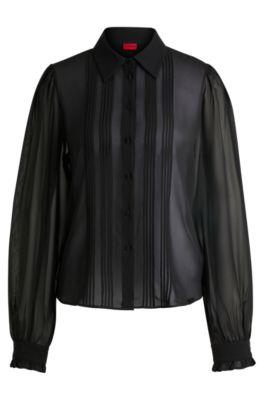 sheer chiffon blouse with front pleats- black women's business blouses