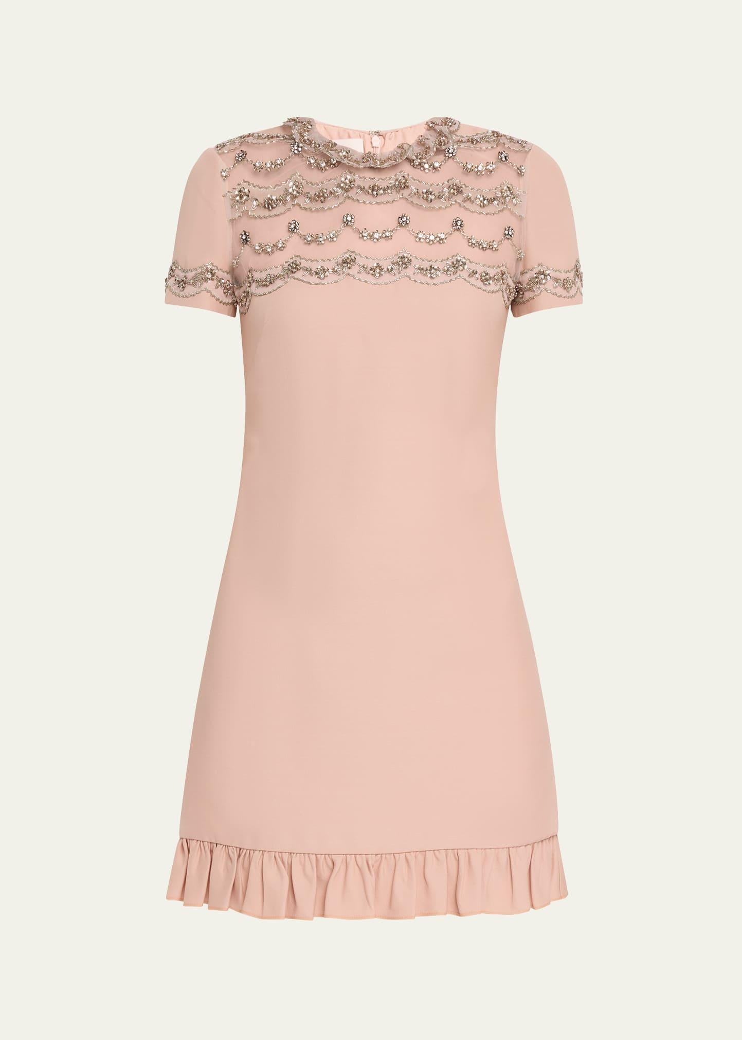 sheer crystal ruffle hem mini dress