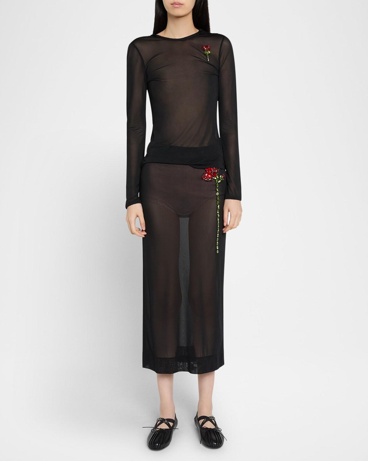 sheer fitted ballet mesh crystal rose top