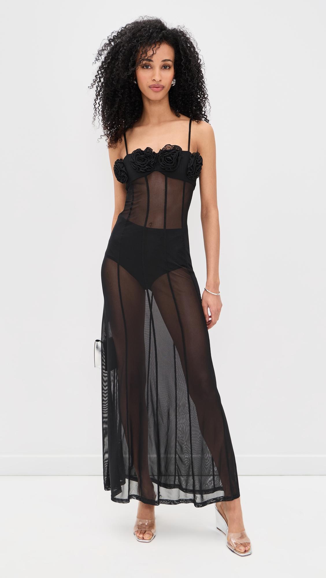 sheer flower trim maxi dress