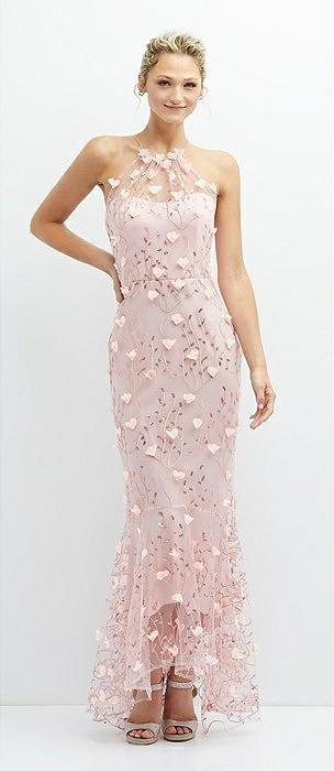 sheer halter neck 3d floral embroidered dress with high-low hem