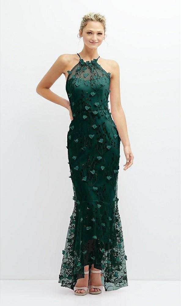 sheer halter neck 3d floral embroidered dress with high-low hem