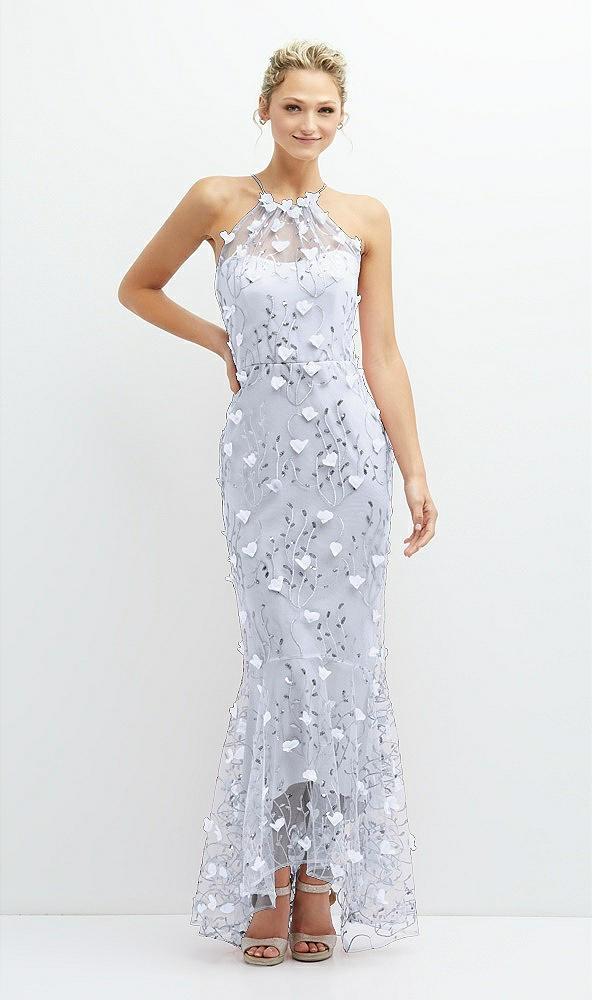 sheer halter neck 3d floral embroidered dress with high-low hem