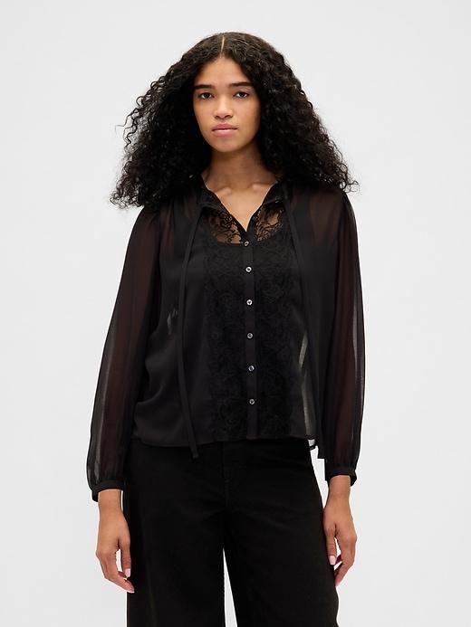 sheer recycled lace inset tie-neck top