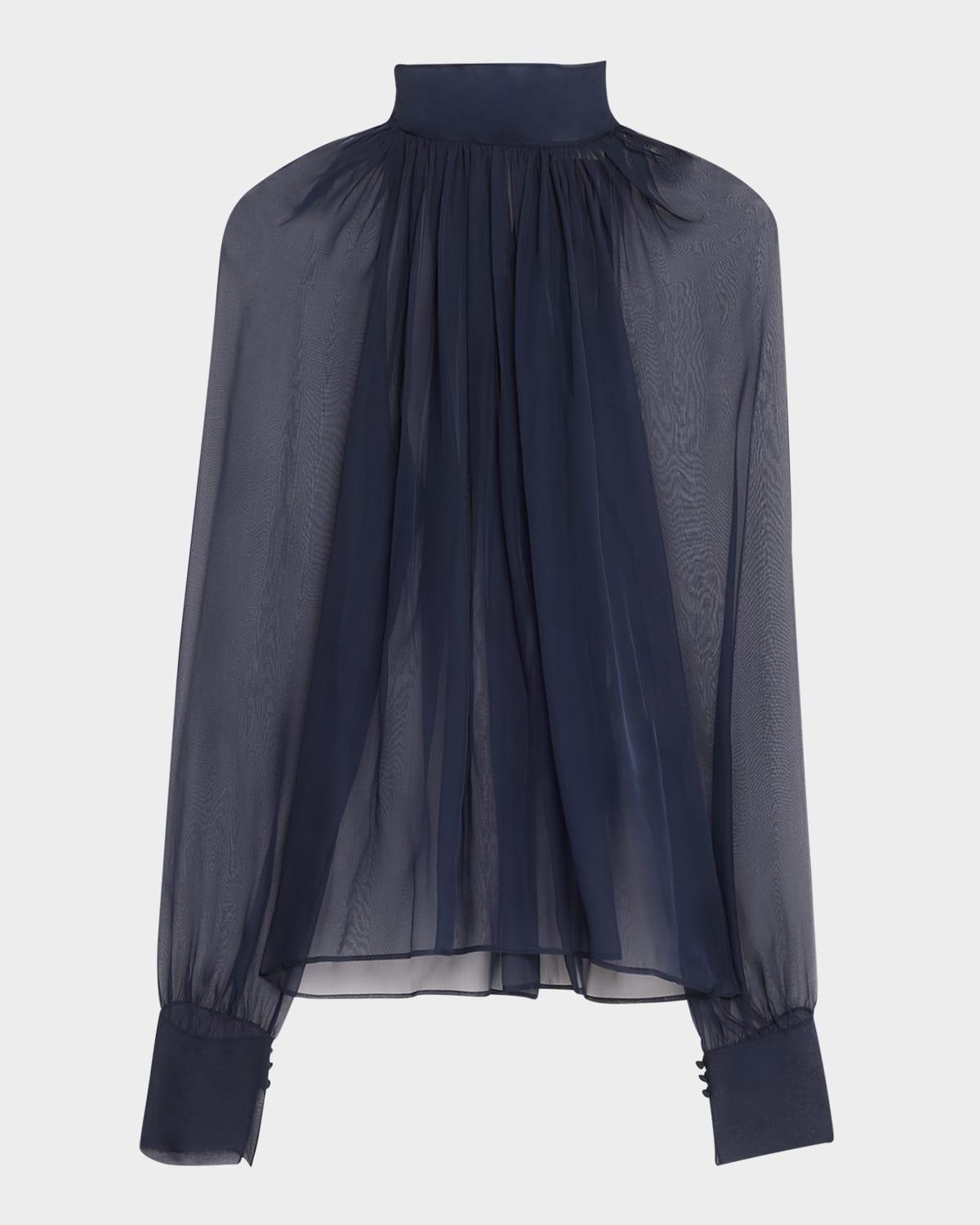 sheer ruched hig-neck blouse