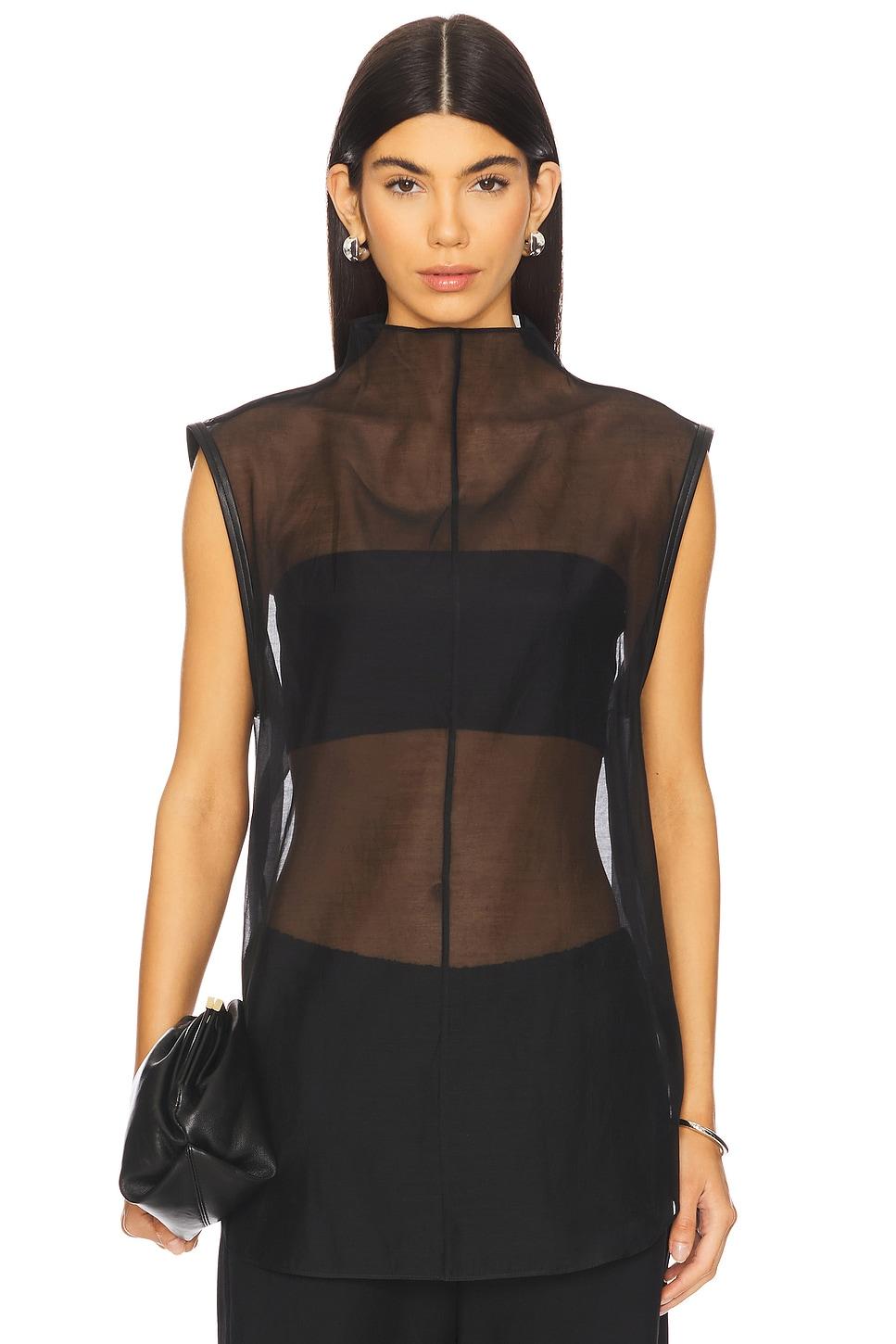 sheer silk leather trim top