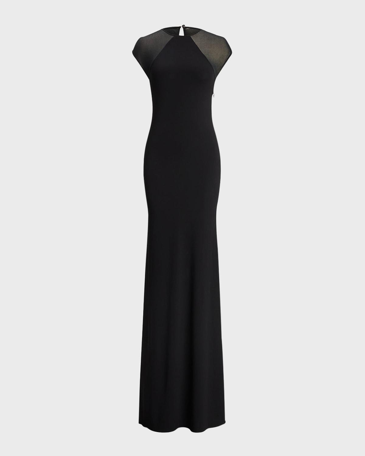 sheer-sleeve jersey column maxi dress