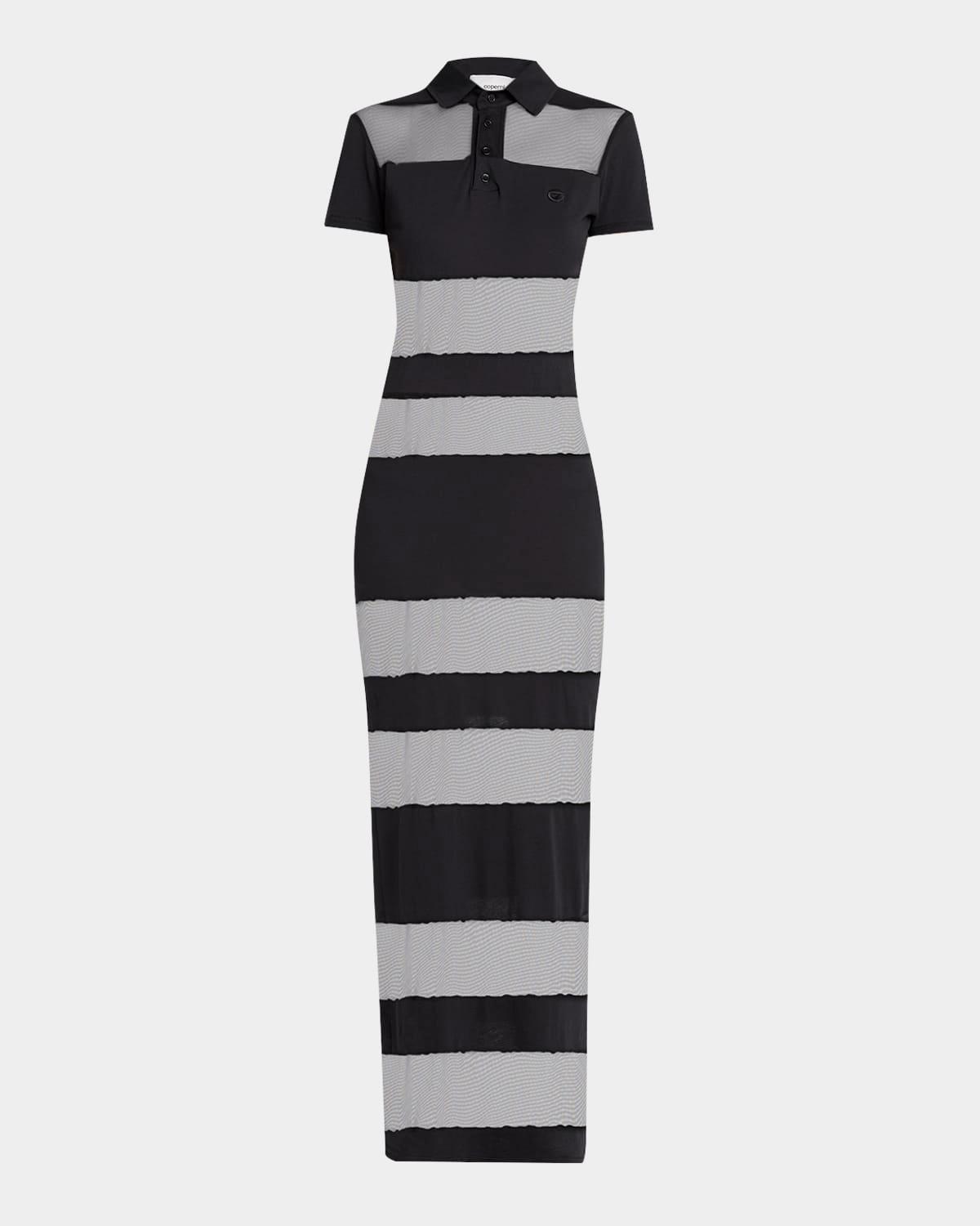 sheer striped short-sleeve maxi polo dress