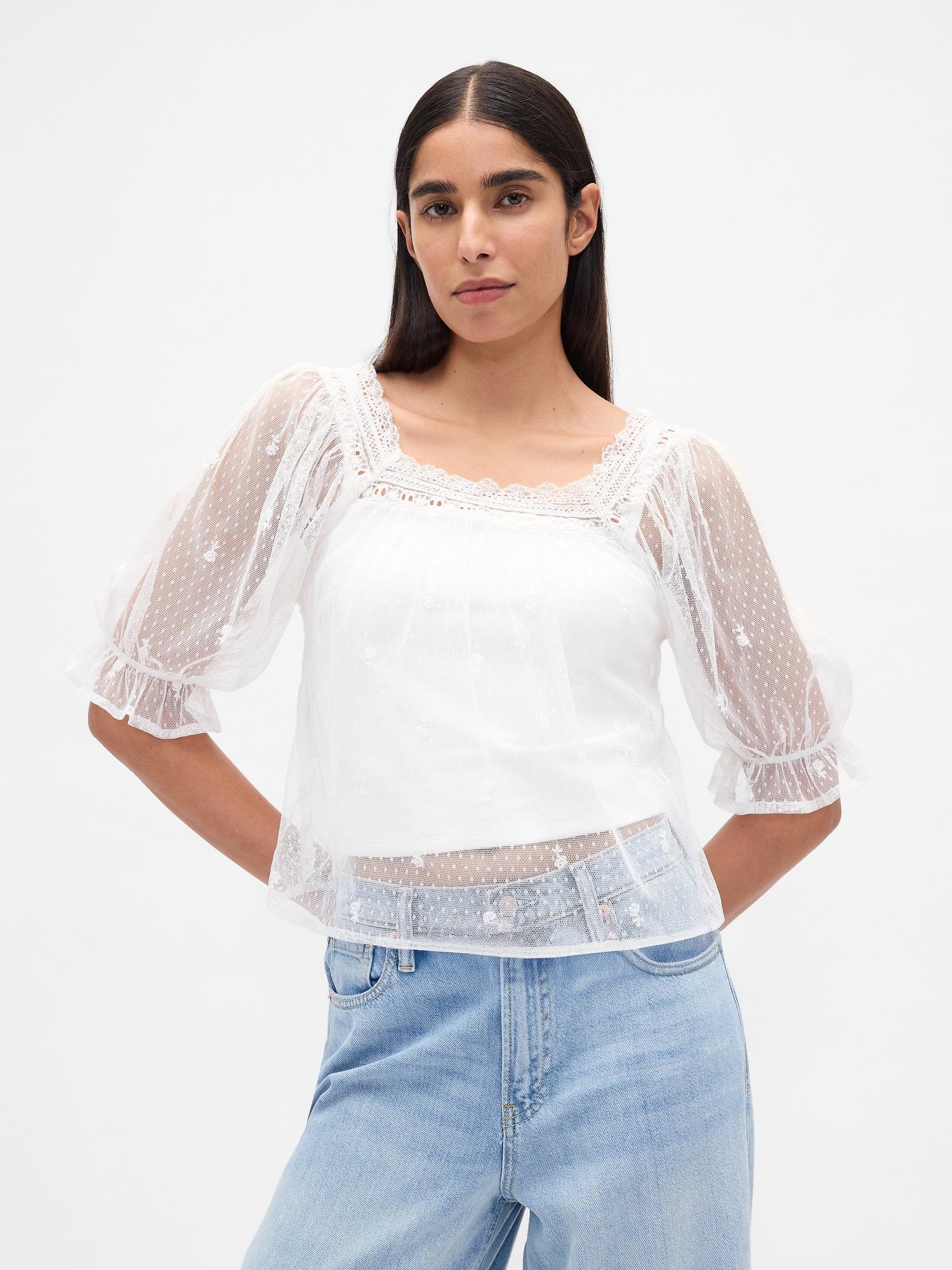 sheer tulle embroidered top