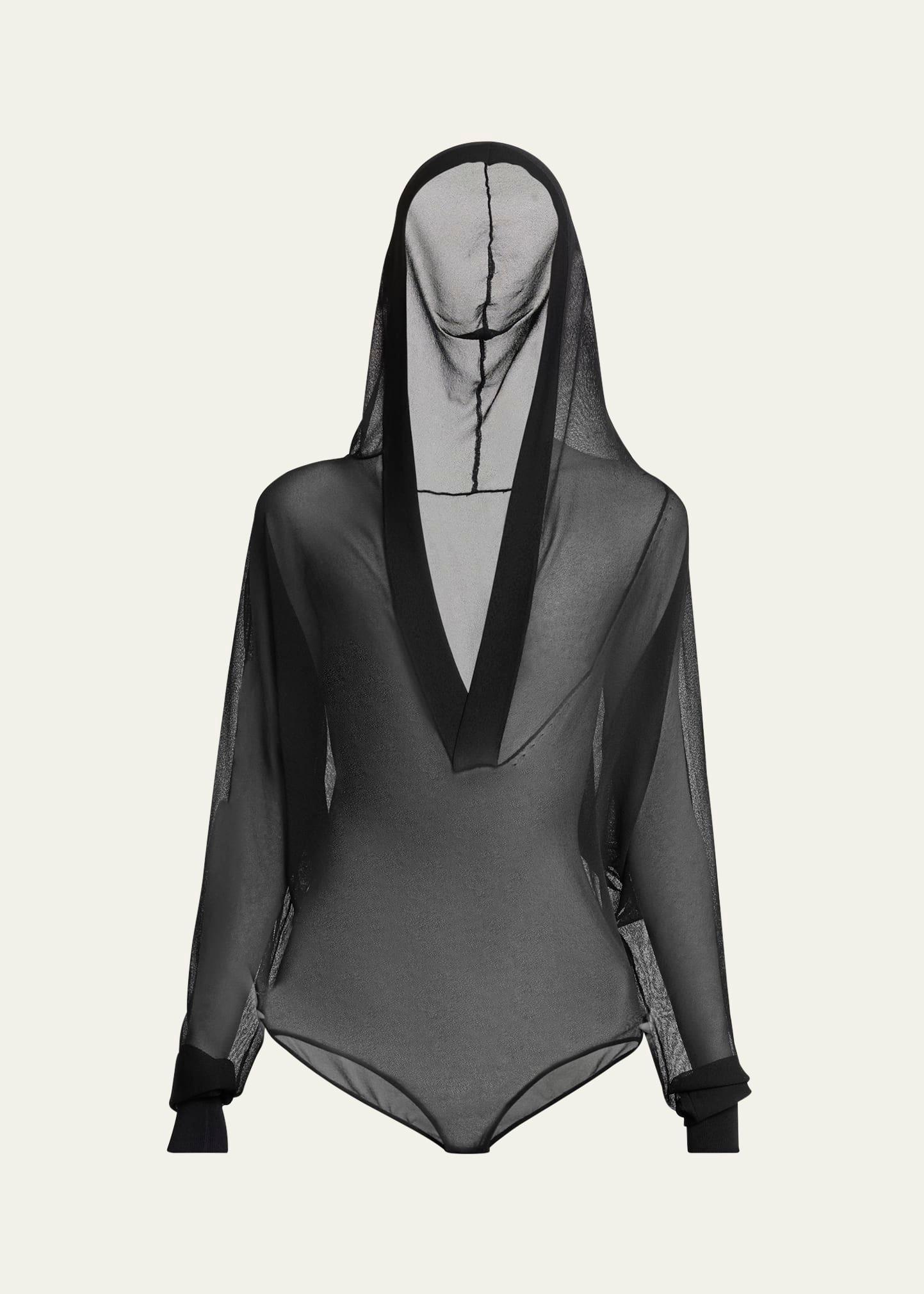sheer v-neck hooded bodysuit