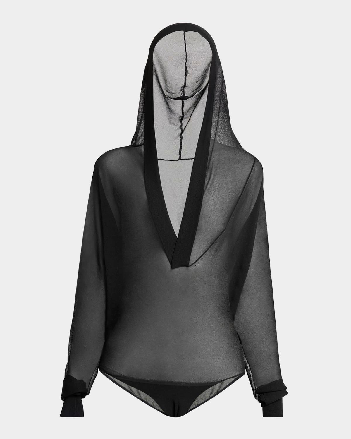 sheer v-neck hooded bodysuit