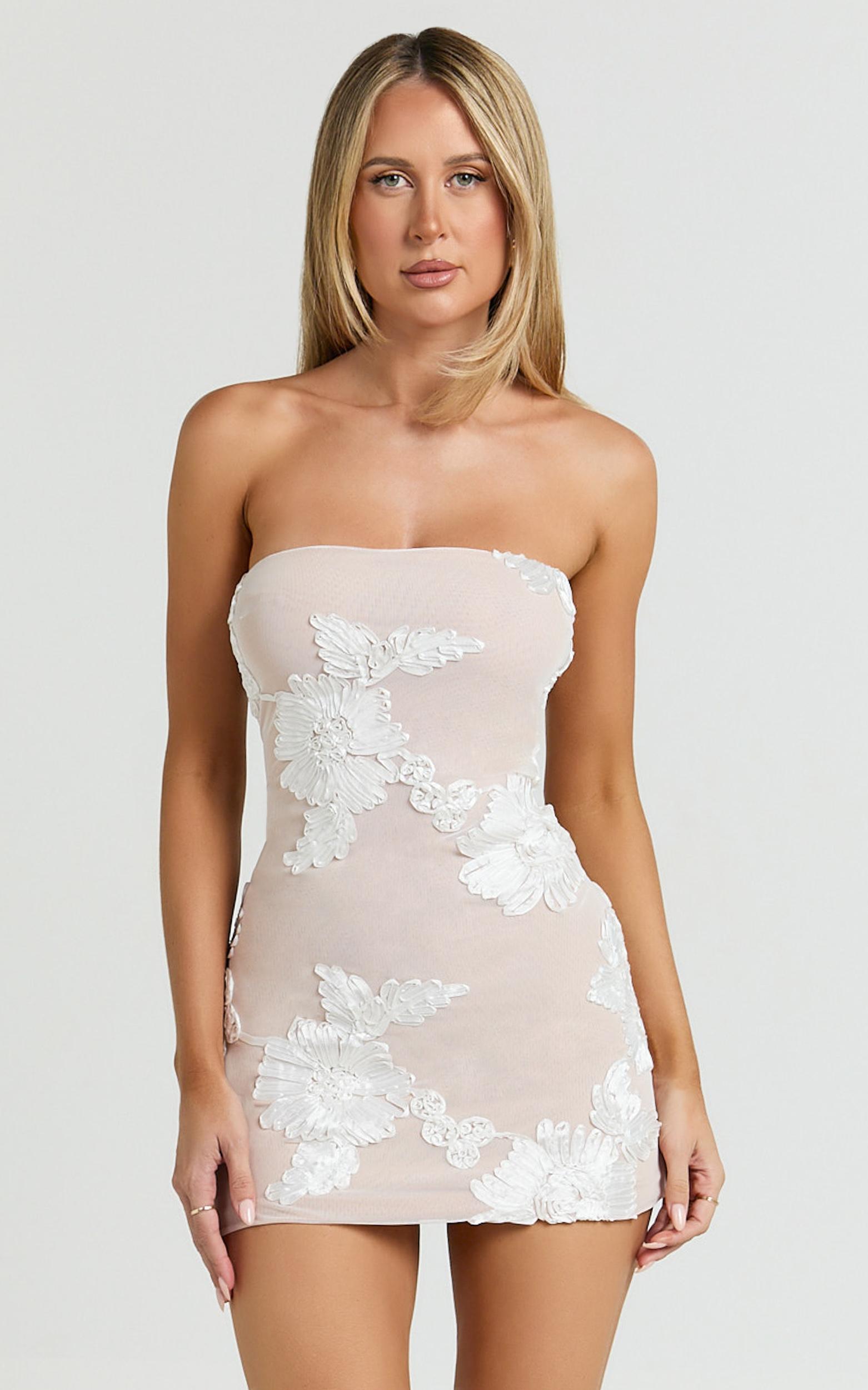 shelby mini dress - strapless rosette bodycon dress in white