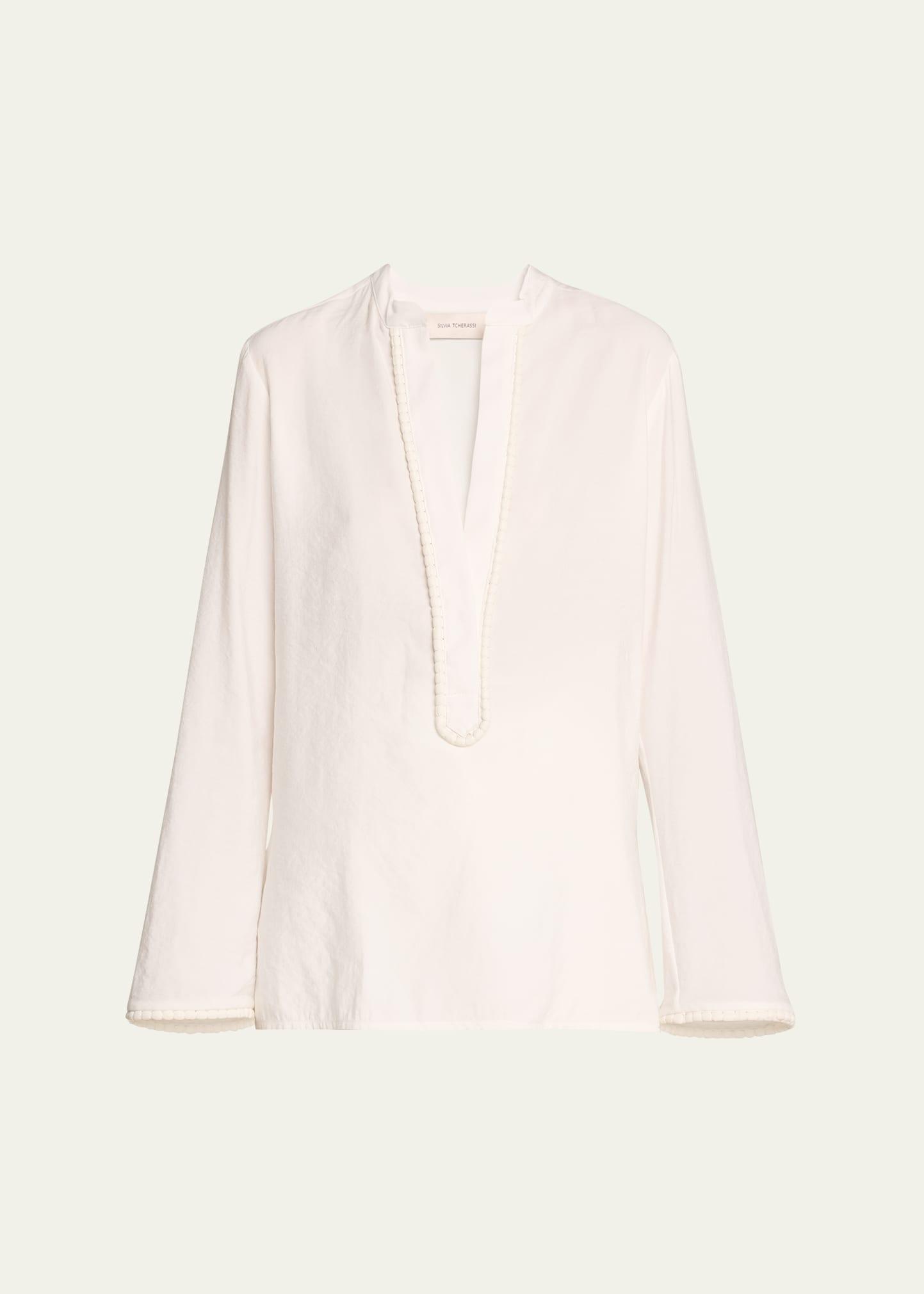 shera piped split v-neck long-sleeve blouse