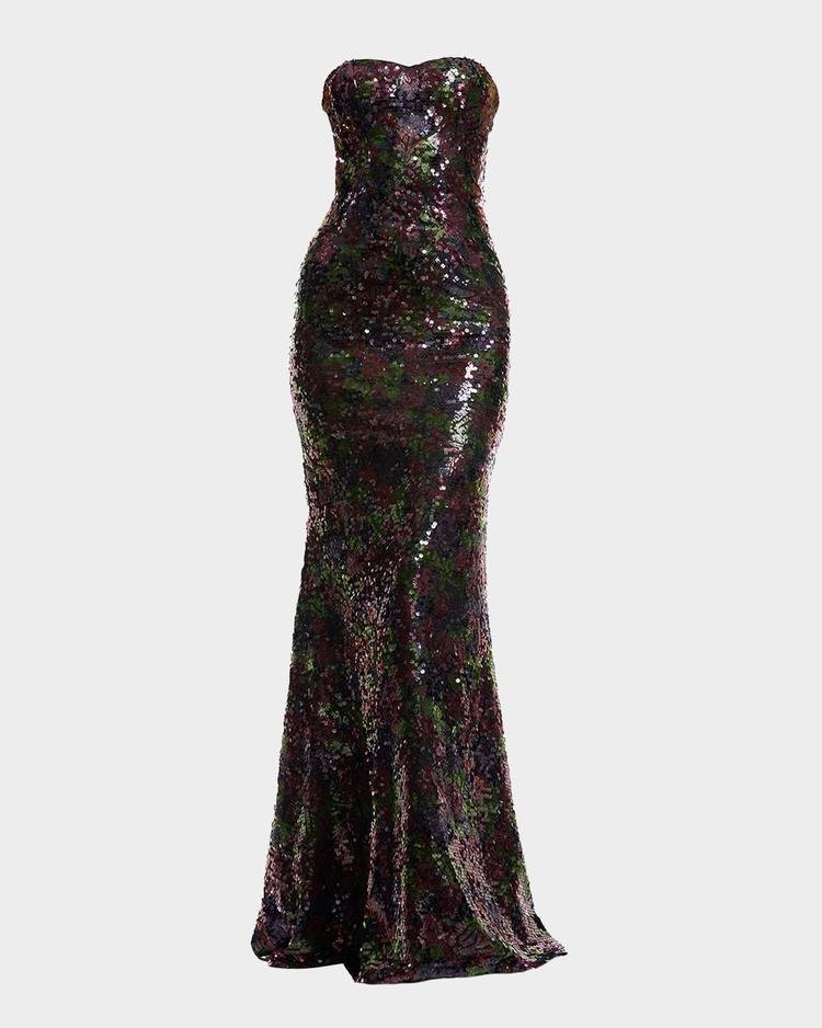 sheridan floral-print sequin sweetheart gown